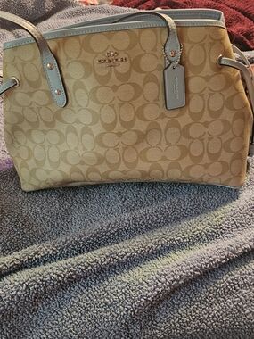 Coach Signature Canvas Tote in Tan with Light Blue Trim